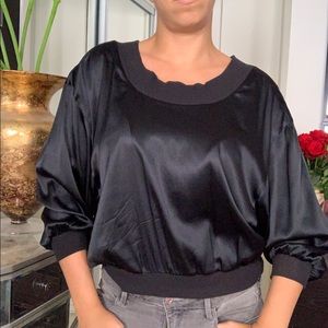 Black satin top with stretching neckline